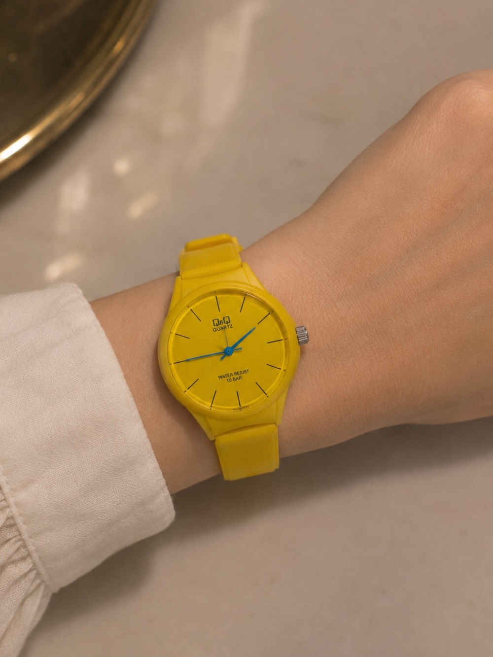 Yellow Minimalist Quartz Watch with Blue Hands
